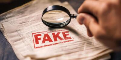 The image shows a magnifying glass over a bold FAKE stamp, emphasizing the need to investigate and verify document authenticity for validity and reliability in different contexts photo