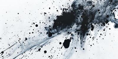 An intricate and artistic representation of a chaotic black paint splash beautifully situated on a pristine white canvas, skillfully showcasing a variety of textures, shapes, and forms with depth photo