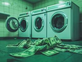 This artwork visually represents money laundering, showing cash scattered around washing machines in a busy launderette, highlighting the complexities of unnoticed illegal financial activities photo