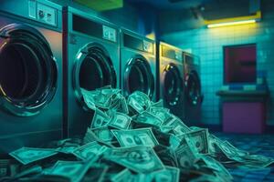 An image vividly showcasing the concept of money laundering, featuring stacks of cash artfully placed around washing machines, which symbolizes the shady world of illegal finance activities photo