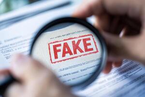 A magnifying glass reveals a FAKE stamp on a key document, highlighting the vital processes of fraud detection, detailed analysis, and verification essential for thorough investigations photo