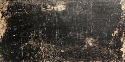 An abstract black surface that closely resembles an old and aged chalkboard, adorned with grunge textures and scratches, making it perfect for diverse design backgrounds and creative projects photo