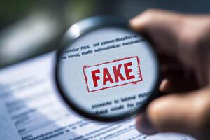 This image illustrates the crucial process of fraud detection, highlighting the need for careful document examination with a magnifying glass to reveal authenticity issues for trust and security photo