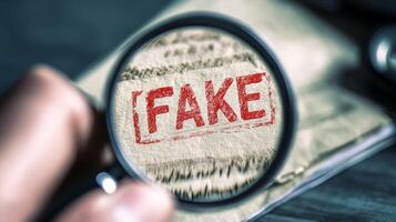 Using a magnifying glass reveals a FAKE stamp on a document, highlighting the need for thorough investigations and the importance of fraud detection and careful analysis for effective results photo