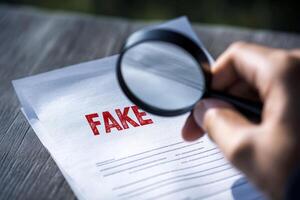 A hand is carefully holding a magnifying glass over a document that has the word FAKE stamped prominently on it, symbolizing the crucial importance of fraud detection and ensuring authenticity photo
