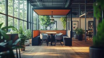 This modern office features a stylish meeting pod, glass partitions for visibility, and vibrant plants, all designed to enhance collaboration and create a dynamic work environment photo