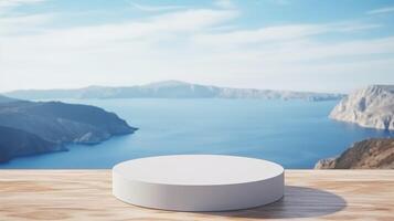 Imagine a sleek, modern white podium set against a stunning ocean view, providing a perfect backdrop for presentations that blend innovative design with the breathtaking beauty of nature photo