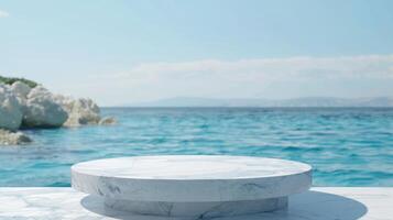 A gorgeous, stunning marble podium elegantly positioned against a serene ocean backdrop, making it an ideal setting for various events, presentations, gatherings, or peaceful relaxation amid nature photo