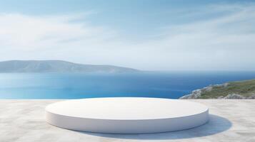 A beautifully designed modern round podium is set against a breathtaking ocean view, making it the ideal location for presentations and events in a tranquil and peaceful natural setting photo