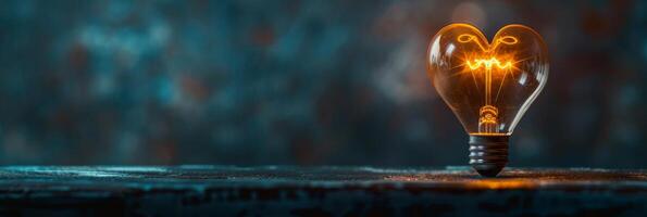 A heartshaped light bulb glowing on a rustic surface against a textured background, radiating warmth and creativity photo