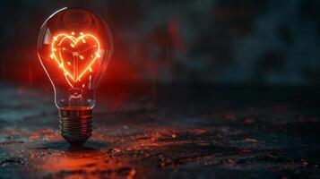 Lit heart-shaped filament in a lightbulb with a dark ethereal background, symbolizing love and creativity. photo