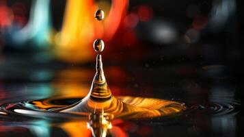 A detailed closeup of a colorful water drop creating ripples on an abstract and vibrant HDR background photo