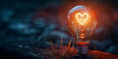 A glowing lightbulb with a heart-shaped filament, symbolizing inspiration and creativity, in a dark setting. photo