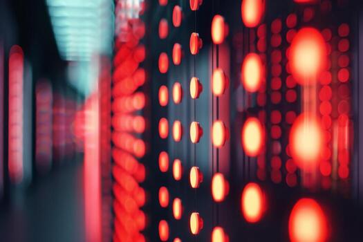 A futuristic atmosphere in a server room with red LED lights, creating a hightech feel in a blurred closeup photo
