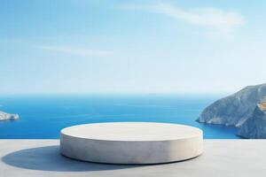 A minimalist podium stands elegantly against a breathtaking ocean view, ideal for impactful presentations or stunning displays in a tranquil setting that inspires creativity and calmness photo