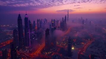 Breathtaking view of Dubai's skyline illuminated at dusk with vibrant colors and towering skyscrapers. photo
