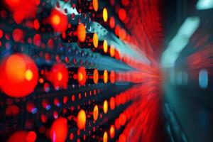 Abstract macro shot of a LED display with red lights and blurred depth effect, showcasing technology. photo