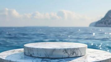 This stunning marble podium, set against the breathtaking backdrop of a tranquil ocean, creates the perfect atmosphere for presentations or displays, capturing the essence of elegance and beauty photo