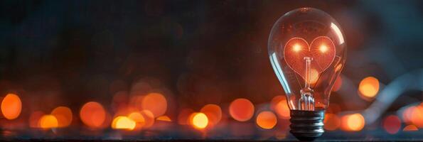 A light bulb is illuminated, surrounded by soft, defocused bokeh lights, creating a magical ambient glow photo