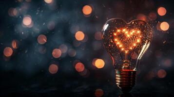 Heart-shaped filament light bulb glowing with a bokeh effect in the background, symbolizing love and creativity. photo