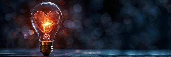 The heartshaped filament inside a light bulb glows, creating an emotional ambiance against a dark bokeh background photo
