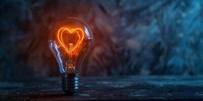 A vintage light bulb with a heart-shaped filament glowing warmly, creating a romantic and inspiring atmosphere. photo