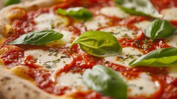 Enjoy a tasty vegan margherita pizza topped with fresh basil and creamy vegan cheese. This dish is ideal for those on a nutritious plantbased diet, benefiting both health and the planet photo