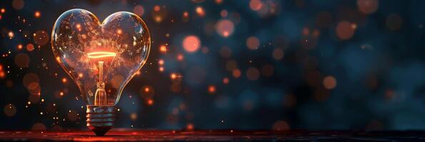 Heart-shaped light bulb with glowing filament, warm and captivating bokeh background. Symbol of love and innovation. photo
