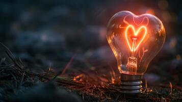 A bulb on the ground glows in the dark with a heartshaped filament, symbolizing creativity, emotion, and warmth photo