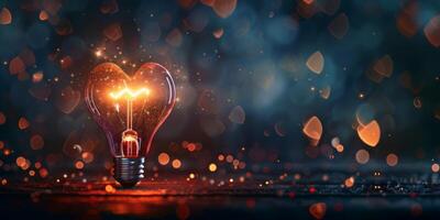 In a blurry bokeh background, a heartshaped lightbulb shines to inspire creativity and convey warmth photo