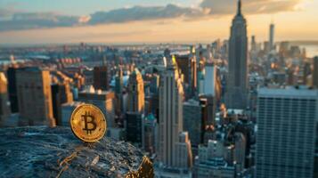 Golden Bitcoin coin on New York City skyline background at sunset, representing cryptocurrency in the urban landscape. photo