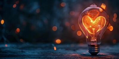 A beautiful light bulb with a heart-shaped filament glowing warmly, set against a dark, bokeh background. photo