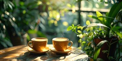 Two coffee cups on a rustic table surrounded by lush plants and sunlight in a cozy greenhouse setting. photo