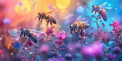 The image shows bees pollinating wildflowers under golden hour sunlight, creating an ethereal ecosystem in nature photo