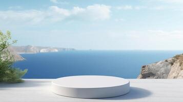 A sleek white podium showcases a breathtaking coastal view of azure waters and rugged cliffs, making it an ideal spot for inspiring presentations, impactful displays, or vibrant events photo