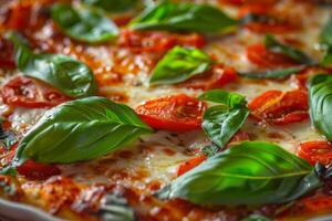 Enjoy a delicious vegan pizza that is generously topped with fresh basil and succulent cherry tomatoes, making it an ideal choice for a healthy and nutritious meal any time of the day photo