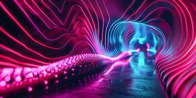 In a tunnel, dynamic neon lights create a futuristic effect with vibrant colors and abstract shapes photo