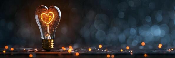 Warm heart-shaped light bulb glowing in a dark background with a bokeh effect, creating a cozy atmosphere. photo