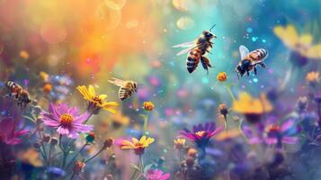 The image shows bees pollinating wildflowers under golden hour sunlight, creating an ethereal ecosystem in nature photo