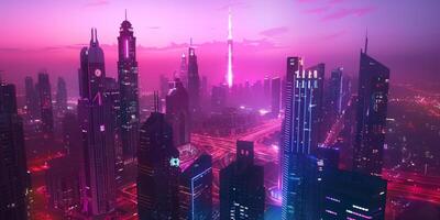 A vibrant city skyline showcases an array of neon hues alongside modern architecture during the enchanting twilight photo