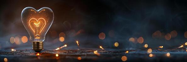 Heart-shaped light bulb glowing warmly with bokeh lights in the background, creating a cozy ambiance. photo