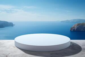 The modern white podium stands elegantly against a serene blue ocean and sky, creating an ideal atmosphere for professional presentations and events that inspire creativity and professionalism photo