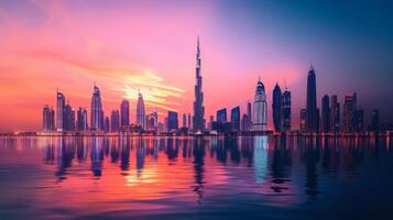 A breathtaking view of Dubai's skyline at sunset, showcasing its iconic architecture and serene reflections. photo