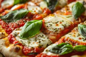 Savor the incredible goodness of a delicious vegan margherita pizza topped generously with fresh basil, creamy mozzarella, and rich tomato sauce. It is simply perfect for any meal of the day photo