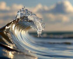 The oceans wave breaks with sparkling water under a cloudy sunset sky, creating a peaceful atmosphere photo