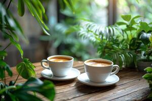 A serene atmosphere is set by two cups of coffee surrounded by green plants on a table near a window photo