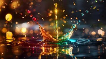 Vivid bokeh background enhances highspeed capture of colorful water drop splash, creating captivating artistic image photo