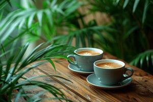 Two cups of coffee on a wooden table surrounded by green plants, creating a peaceful and inviting ambiance photo