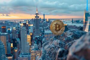 Bitcoin coin with city skyline in the background, representing modern cryptocurrency in an urban environment photo