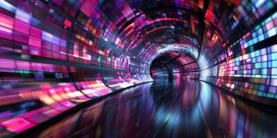 A colorful digital tunnel with vibrant neon lights, creating a futuristic and dynamic visual impact. photo